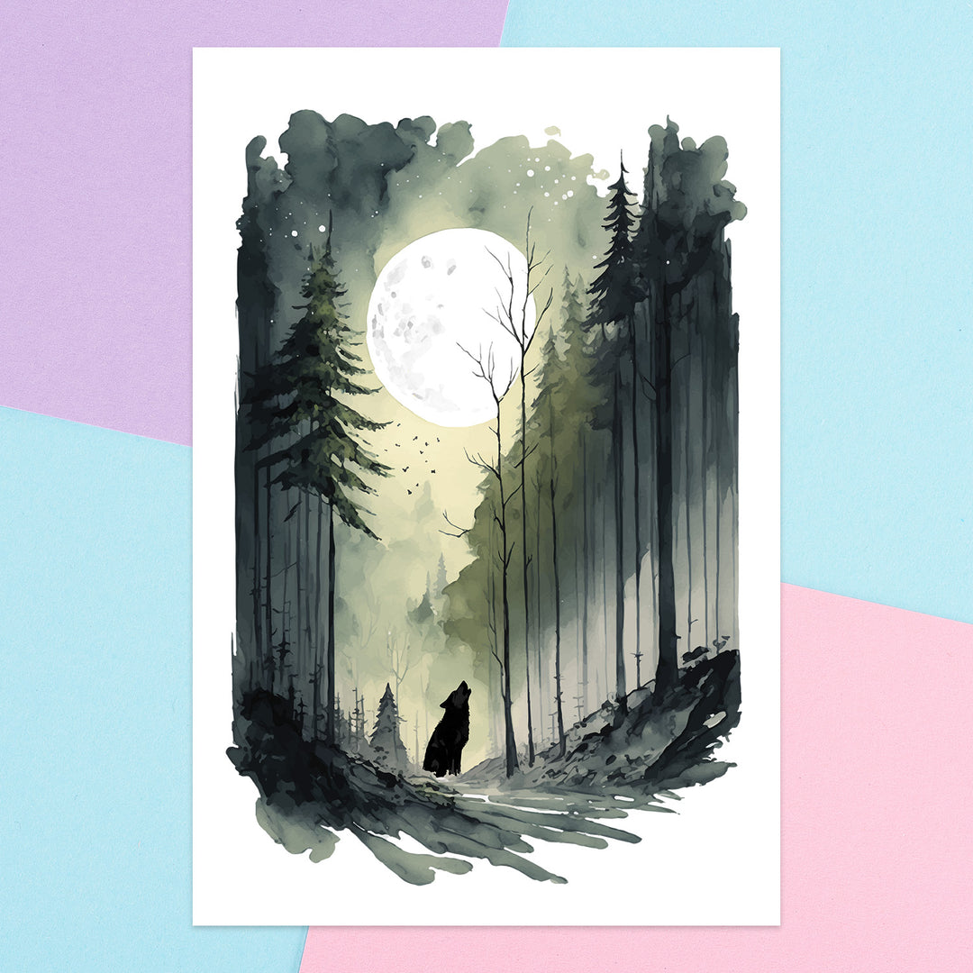 A gorgeous custom designed poster printed with a wolf howling at the moon in the woods