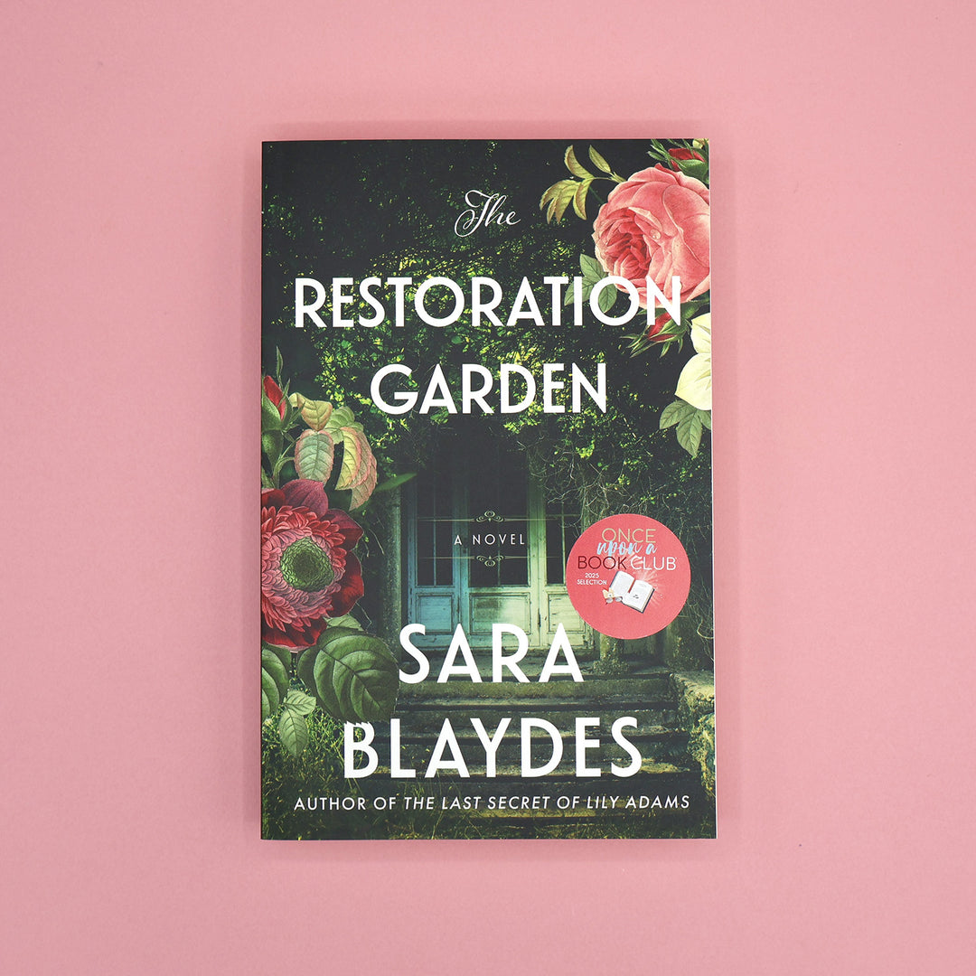 Book cover of 'The Restoration Garden' by Sara Blaydes on a pink background