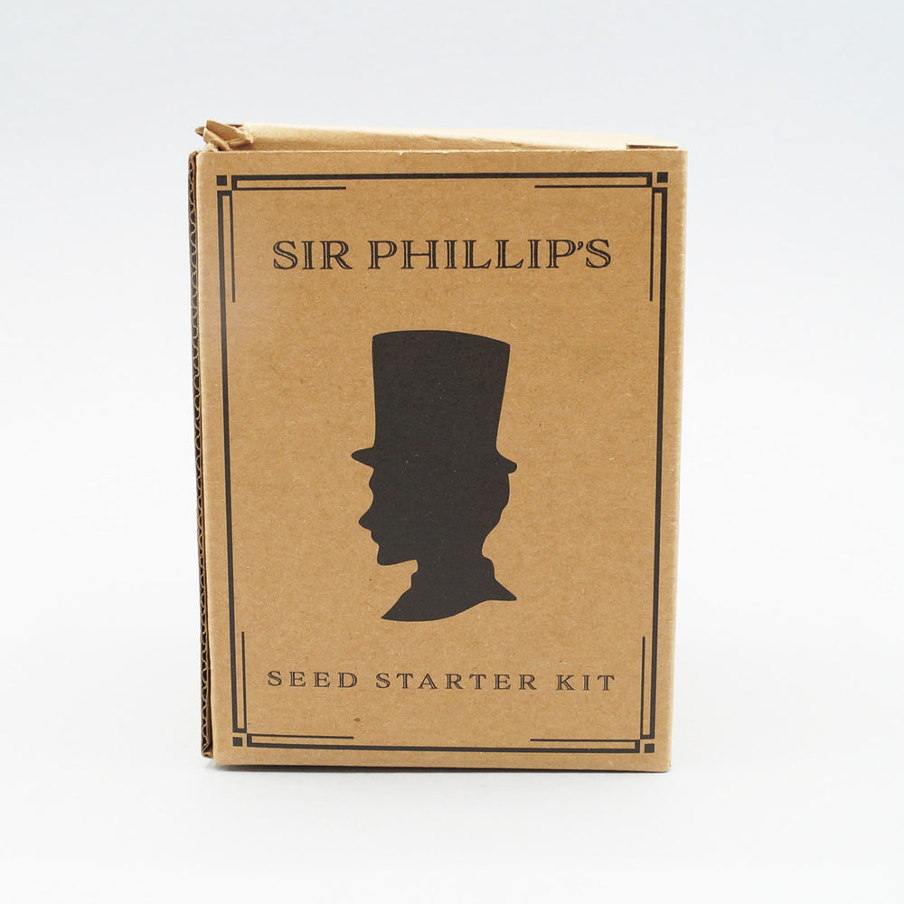 A brown box with the silhouette of a man on the cover. The words "Sir Phillip's Seed Starter Kit" are written on it as well.
