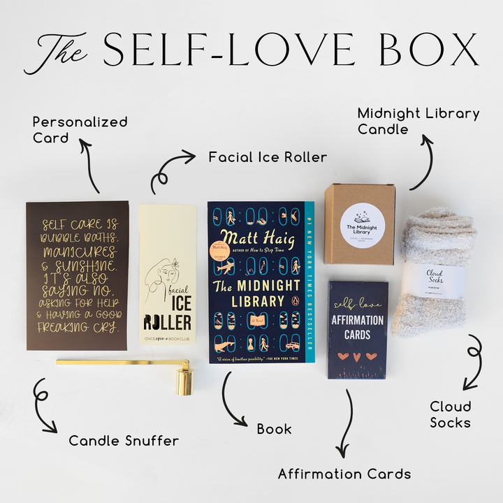 The Self-Love Box: a copy of The Midnight Library by Matt Haig, a pair of cloud socks, a Midnight Library candle, a pack of affirmation cards, a candle snuffer, a facial ice roller, and a personalized card.