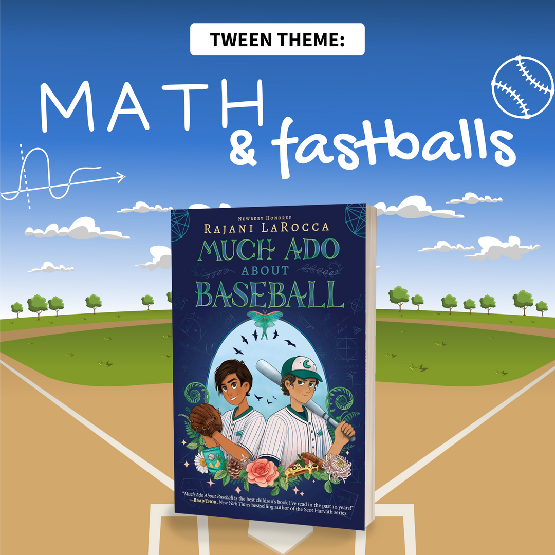 An illustrated baseball diamond featuring a copy of Much Ado About Baseball by Rajani LaRocca standing on home plate. In the sky the words Tween Theme: Math and Fastballs are surrounded by drawings of baseballs and math symbols.