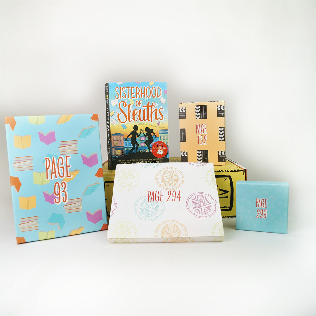 A paperback copy of Sisterhood of Sleuths by Jennifer Chambliss Bertman surrounded by wrapped gifts labeled with page numbers.