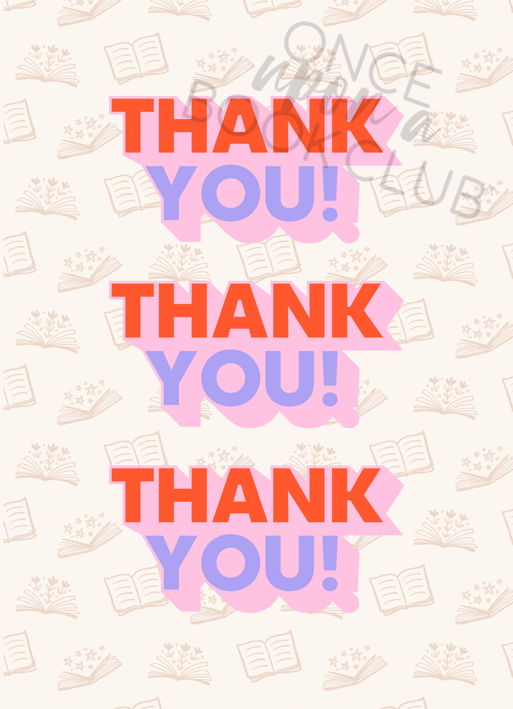 A cream toned card with a book pattern in the background. "Thank You" is written 3 times in red/pink/purple font down the middle of the card.