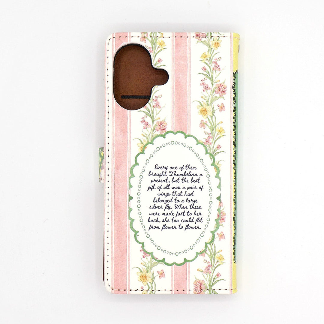 Phone case with floral design and text on a white background