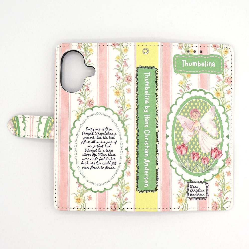 Phone case with fairy design and 'Thumbelina' text on a striped background