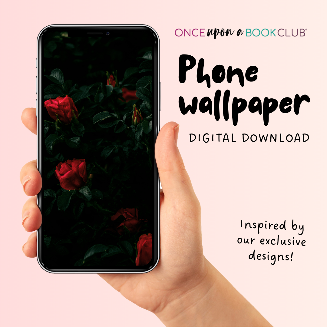 Hand holding a phone with a red rose wallpaper on a pink background, promoting a digital download from Once Upon a Book Club.