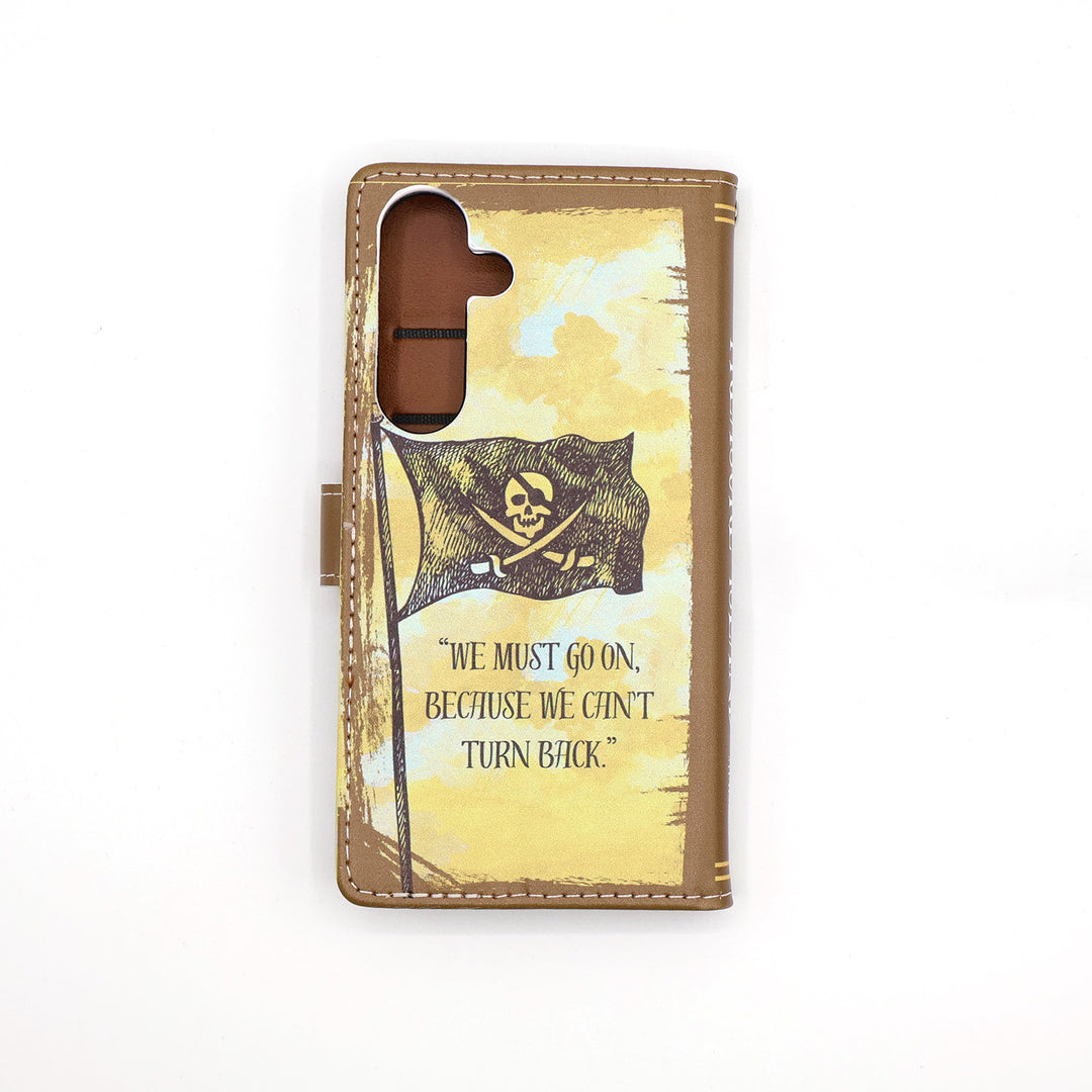 Phone case with pirate flag design and motivational quote on a white background