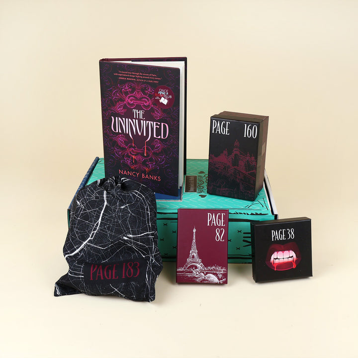 A hardcover edition of The Uninvited stands on a green OUABC box next to a wrapped gift labeled with a page number. In front of the box are three more themed wrapped gifts labeled with page numbers.