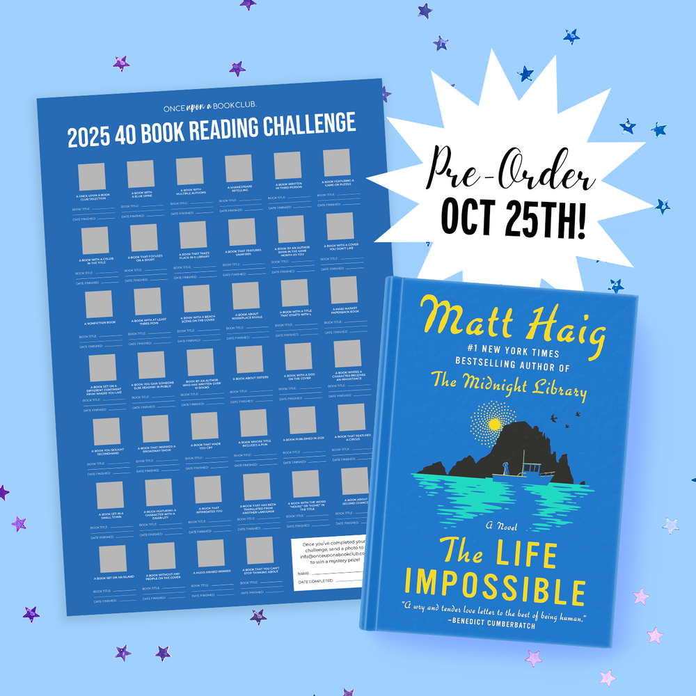 A hardcover copy of "The Life Impossible" by Matt Haig sits next to the 2025 Reading Challenge Scratch-Off Card on a blue background scattered with stars. 