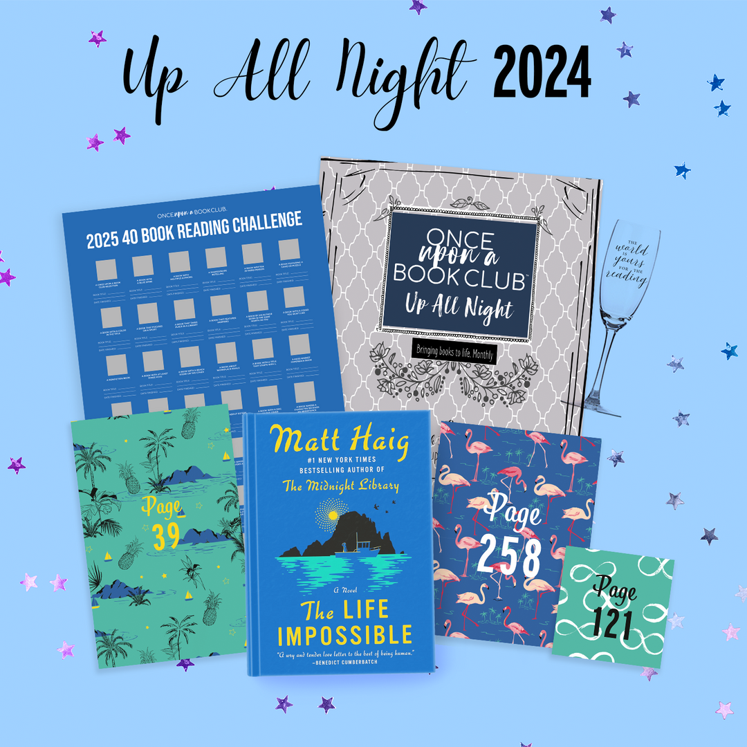 A hardcover copy of "The Life Impossible" by Matt Haig sits in front of three wrapped gifts labeled with page numbers, a blue 2025 40 Book Reading Challenge Scratch-Off Card, a champagne flute, and a silver and navy book club box on a blue background scattered with stars. 