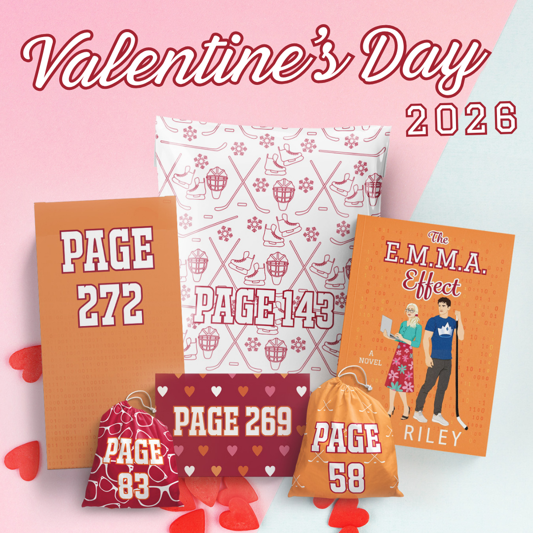 Valentine's Day box 2026 including The E.M.M.A. Effect by Lia Riley plus five wrapped gifts labeled with page numbers.