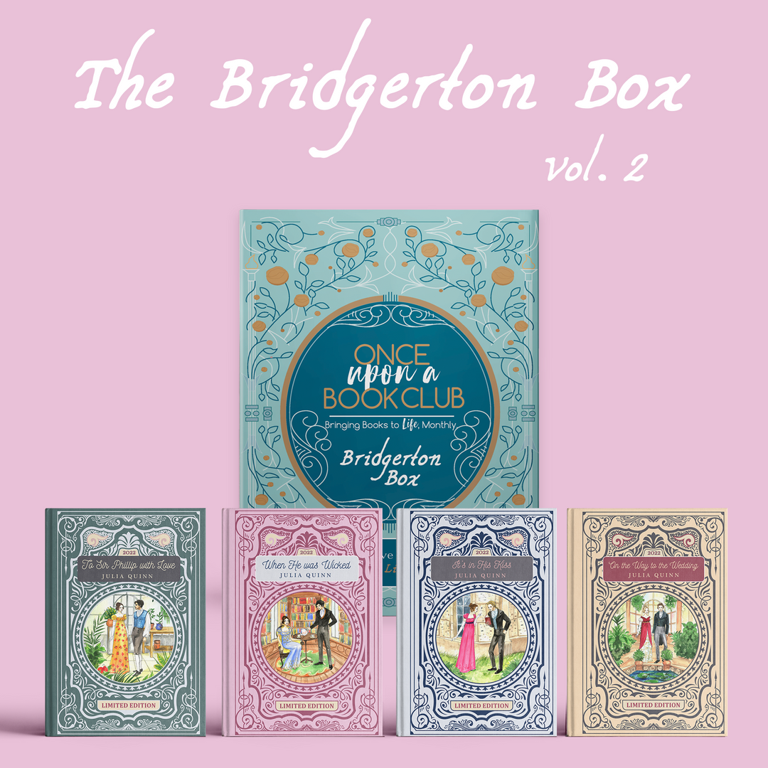 A blue Once Upon a Book Club Bridgerton Box stands behind the four included books "To Sir Phillip, With Love", "When He Was Wicked", "It's In His Kiss", and "On the Way to the Wedding" by Julia Quinn. Also included in the box are 2 gifts per book (not pictured).