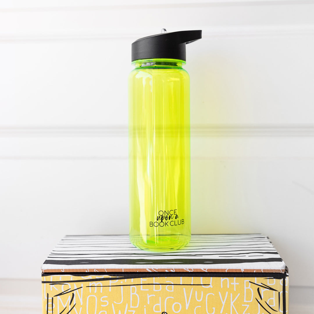 a see-through, lime green water bottle with the Once Upon a Book Club logo at the bottom of the bottle.