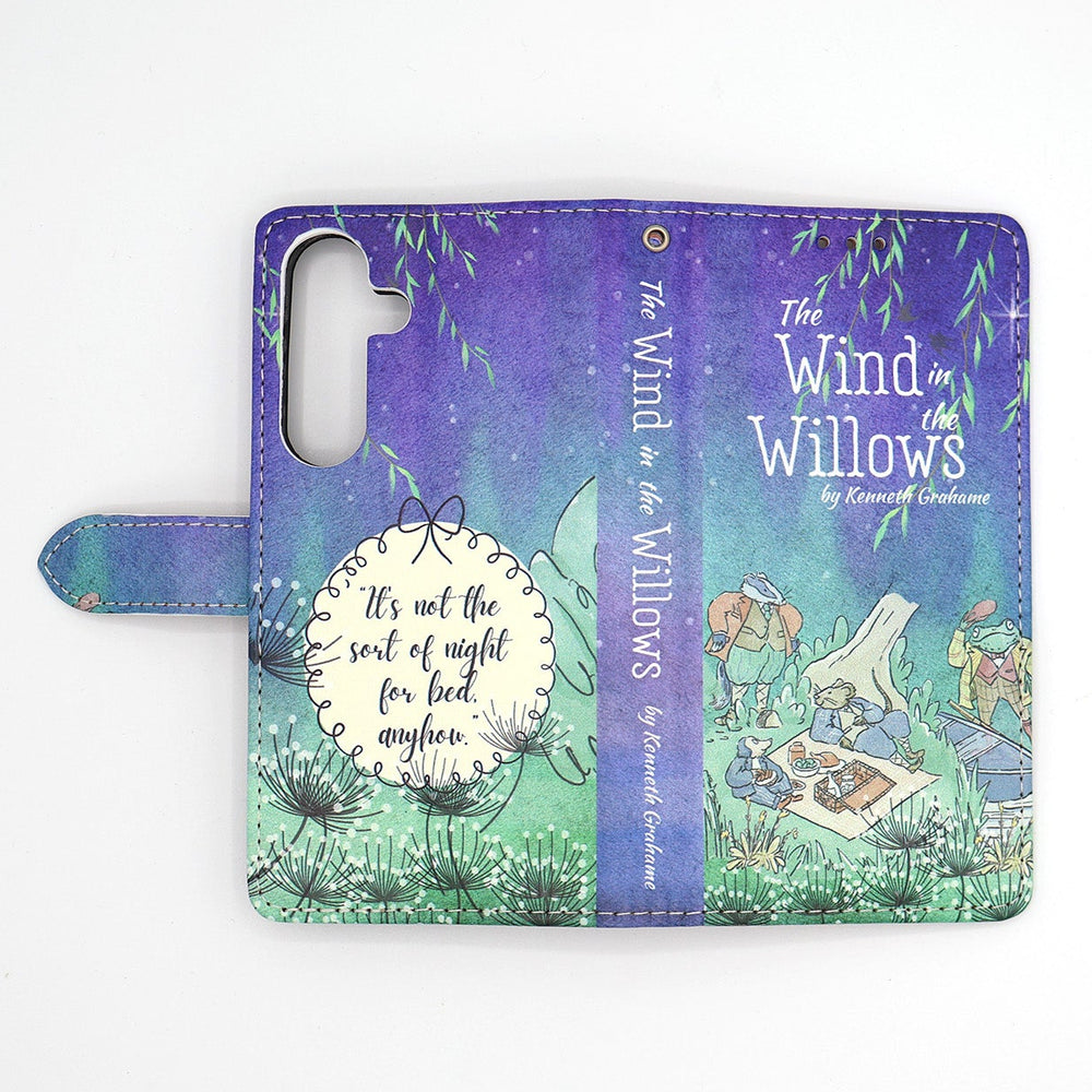Phone case with 'The Wind in the Willows' book design on a white background