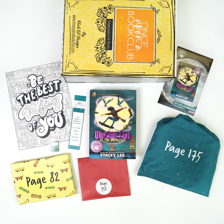 A yellow Once Upon a Book Club box is at the top of the image. In front of the box are a coloring page, book-shaped sticker, bookmark, yellow box, hardcover edition of Winston Chu vs the Whimsies, red envelope, teal drawstring bag, and book flyer. The boxes and bags all have page numbers.