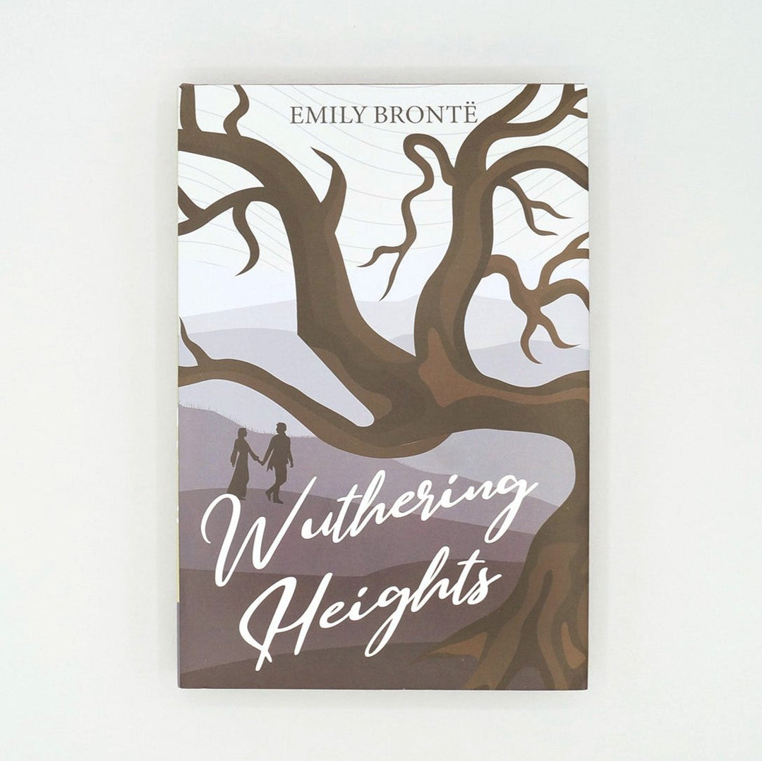 the custom designed dust jacket featuring a gnarled old tree and a couples' silhouettes walking hand in hand on the exclusive edition of Wuthering Heights by Emily Brontë.