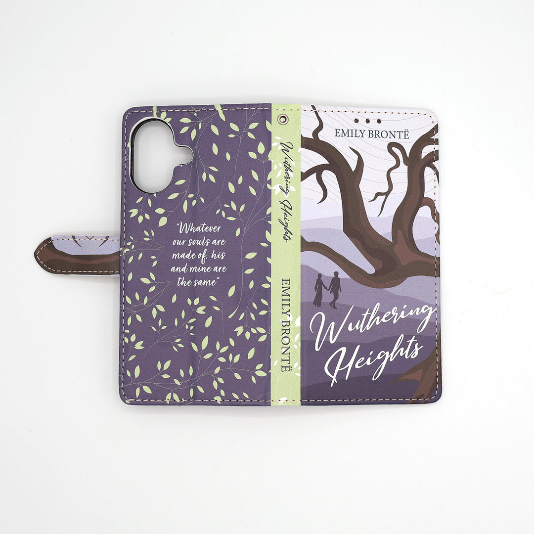 Phone case with 'Wuthering Heights' design and Emily Bronte quote on a white background