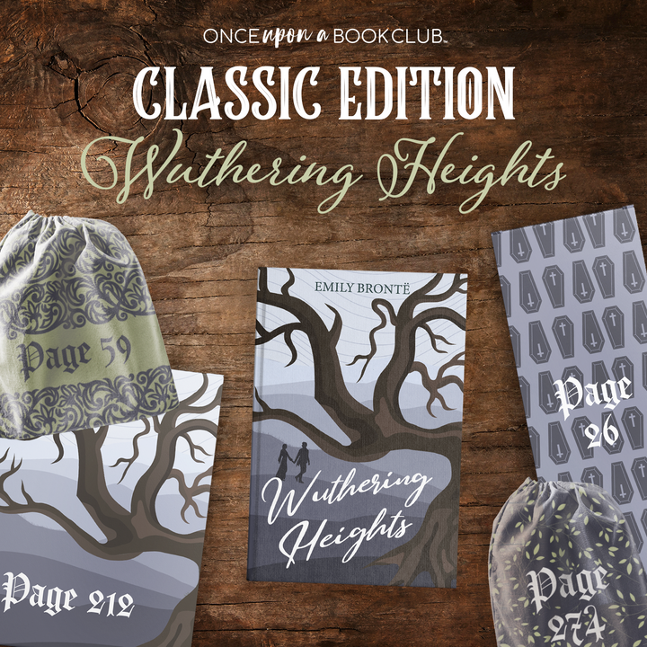 A hardcover special edition of Wuthering Heights by Emily Bronte sits on a wooden table surrounded by a collection of custom wrapped gifts meant to be open when you reach the specified page numbers. Designed by Once Upon a Book Club Classic Edition.