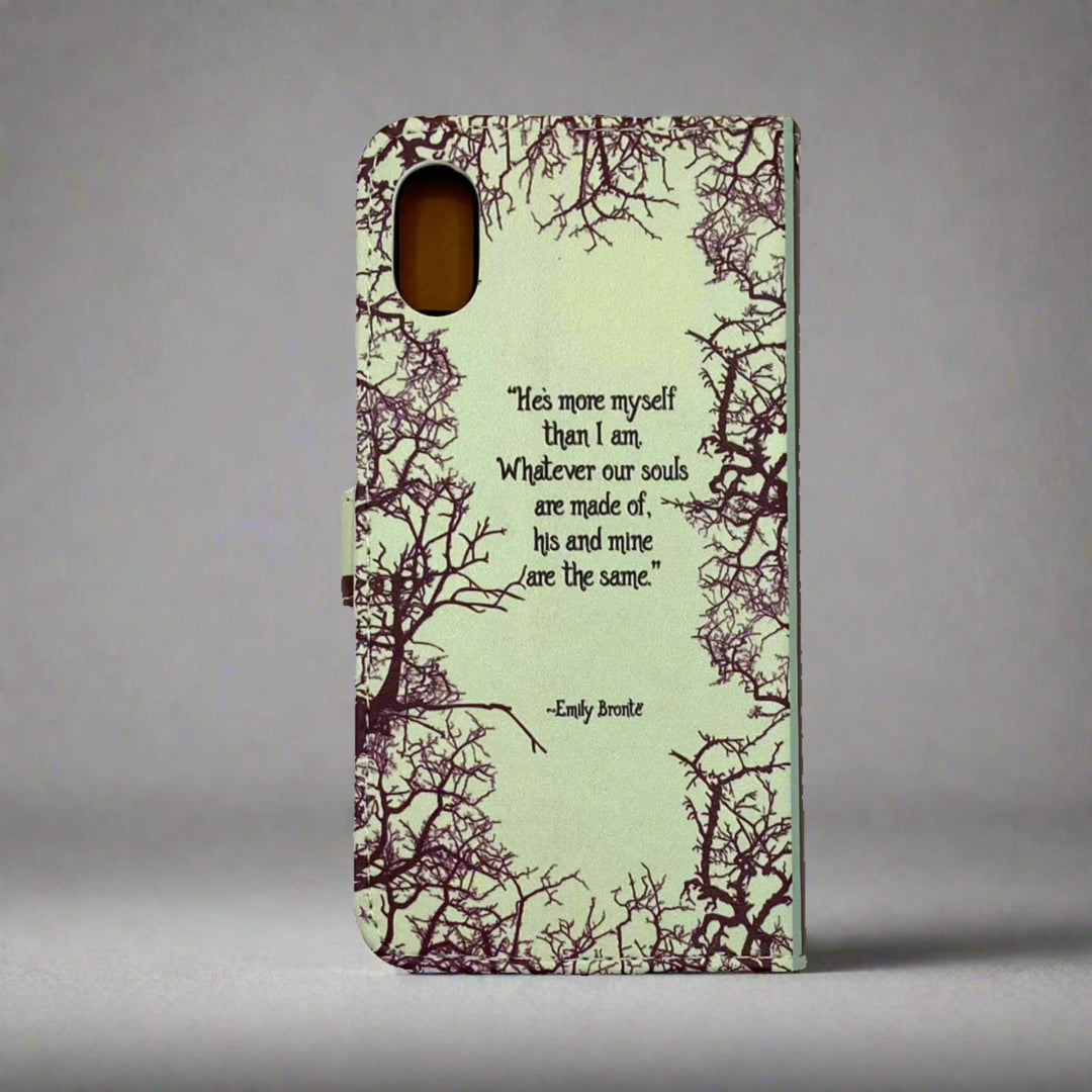 The back of a book-shaped phone case inspired by Wuthering Heights by Emily Bronte. 