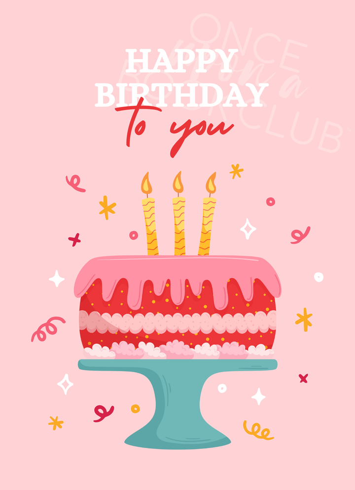 A pink card with a pink and red birthday cake on a teal cake stand. There are 3 yellow candles lit in the middle of the cake. The words Happy Birthday to you are written at the top of the card in white and red.