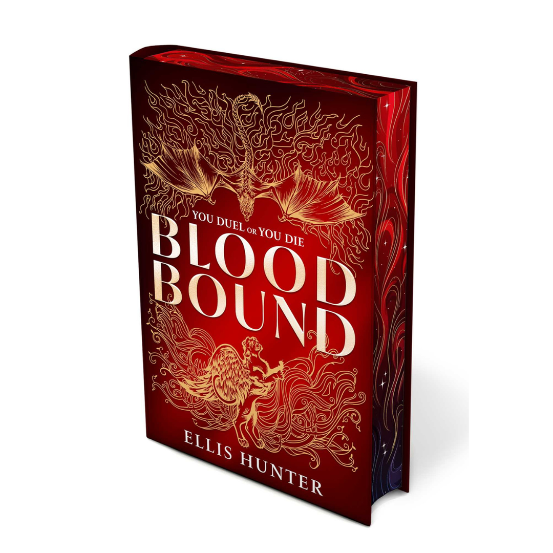 A book titled 'Blood Bound' by Ellis Hunter, featuring a dark red and gold cover showcasing beautiful sprayed edge details.