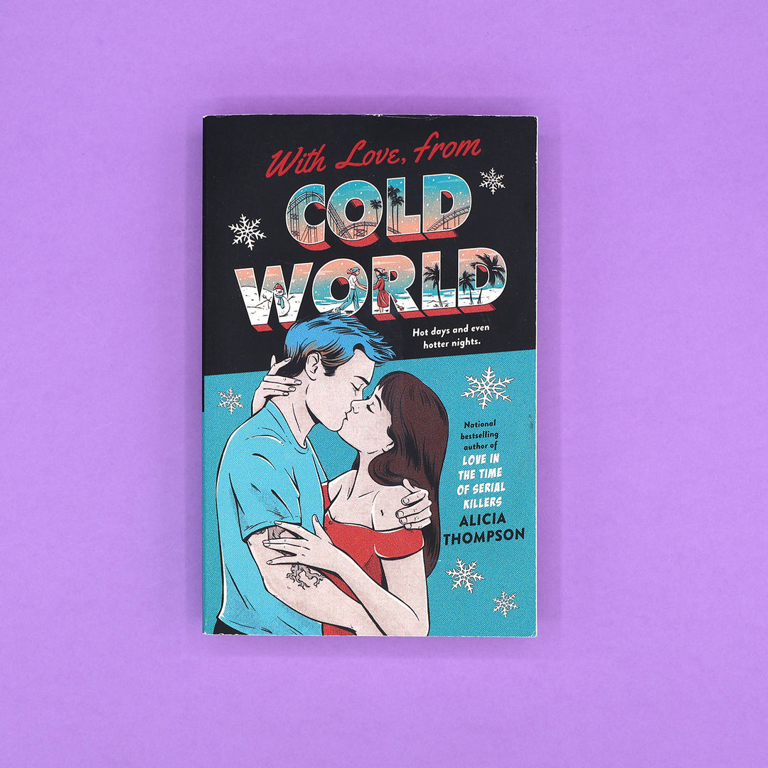 Book cover of 'With Love, from Cold World' by Alicia Thompson with a couple embracing on a purple background