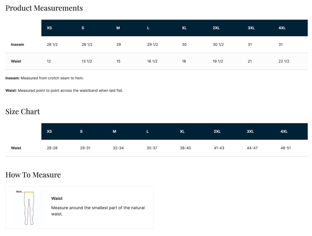 joggers size chart with product measurements, sizing, and how to measure instructions