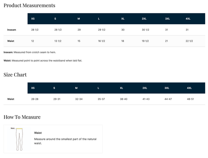 joggers size chart with product measurements, sizing, and how to measure instructions