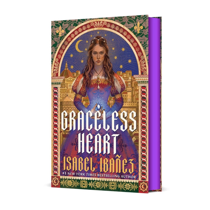 A hardcover book titled 'Graceless Heart' by Isabel Ibánéz, featuring an ornate fantasy-style cover illustration of a woman in a blue dress against a starry sky, with purple reflective page edges, shown on a plain white background.