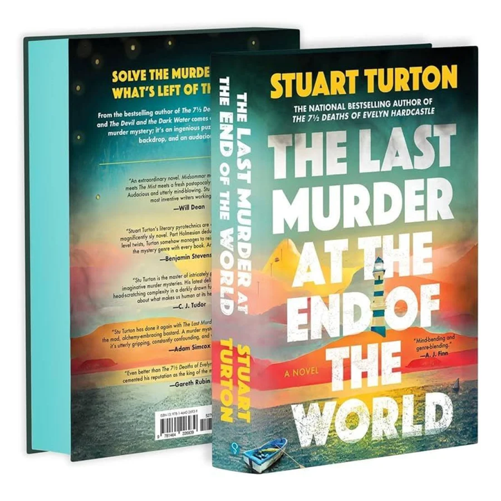 Book cover and spine of the novel "The Last Murder at the End of the World" by Stuart Turton, shown on a plain white background. The cover features a dramatic sunset over water with a silhouette of a person and bold white title text. The sprayed page edges are bright teal.