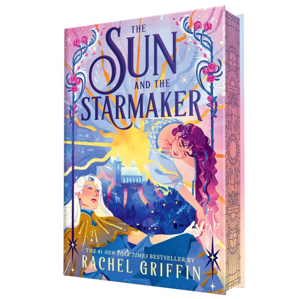 The book cover of 'The Sun and the Starmaker' by Rachel Griffin, featuring a vibrant, stylized illustration of two people under a glowing sun with a castle in the background, set against a clean white backdrop.