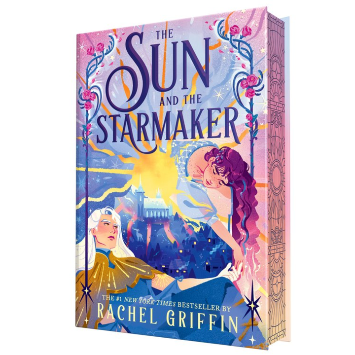 The book cover of 'The Sun and the Starmaker' by Rachel Griffin, featuring a vibrant, stylized illustration of two people under a glowing sun with a castle in the background, set against a clean white backdrop.