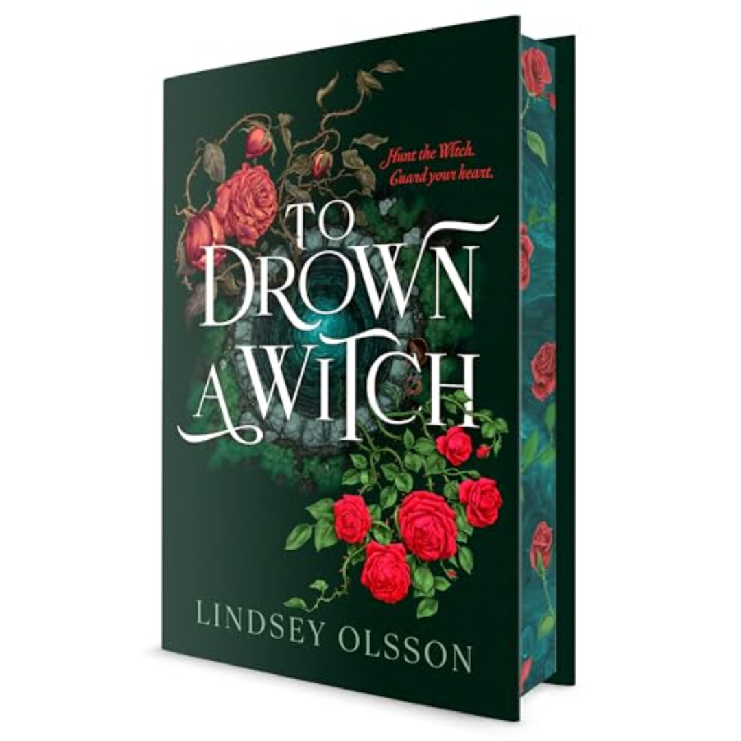 A deluxe hardcover copy of To Drown a Witch by Lindsey Olsson featuring a rose print stenciled page edge design.