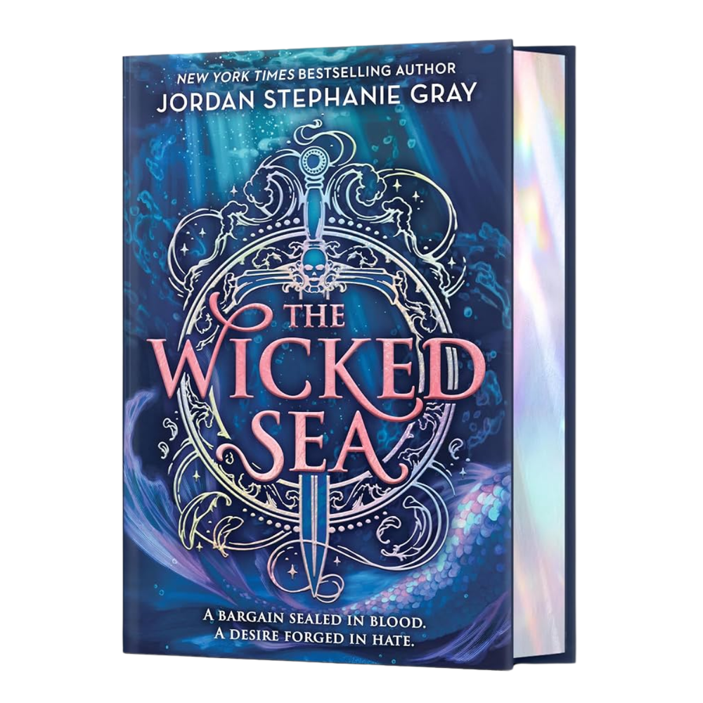 The Wicked Sea book by Jordan Stephanie Gray, featuring a dark blue fantasy cover with a sword and ornate circular design, shown as a paperback book with a holographic page edges on a white background.