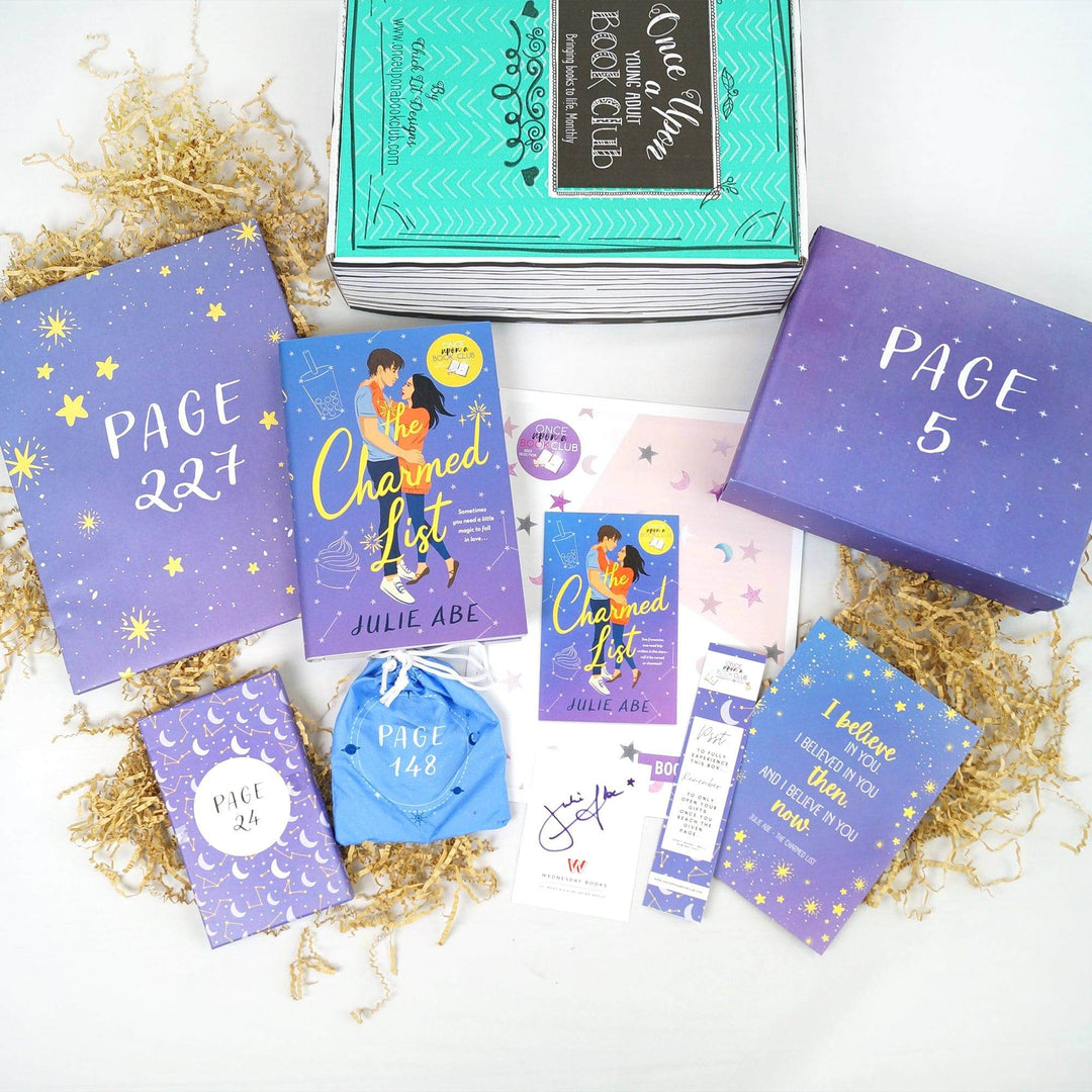 A green Once Upon a Book Club box is at the top of the image. Below the box are three light purple boxes, a blue drawstring bag, a hardcover edition of The Charmed List, bookclub kit, bookmark, and quote card. The boxes and bags are all labeled with page numbers.