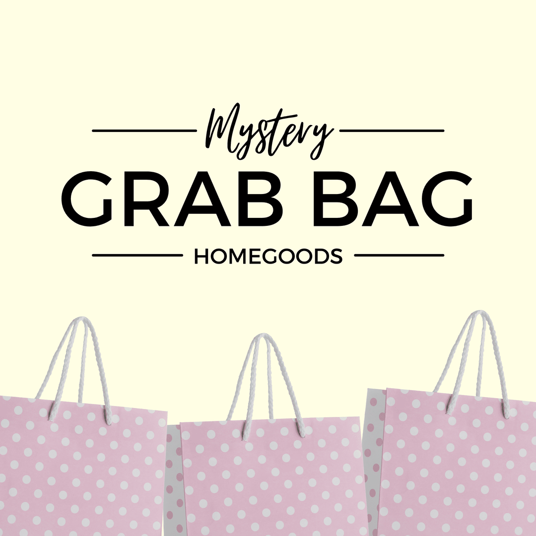 Mystery Grab Bag - Homegoods. There are pink polkadot shopping bags along the bottom of the image.
