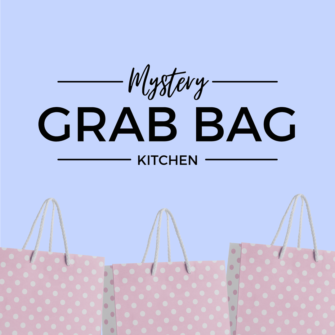 Mystery Grab Bag - Kitchen. There are pink polkadot shopping bags along the bottom of the image.