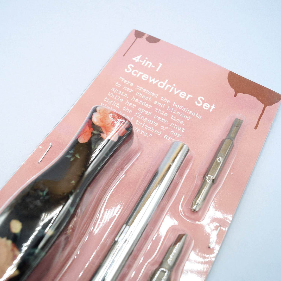 a 4-in-1 Screwdriver Set with a black handle with red flowers and silver attachments