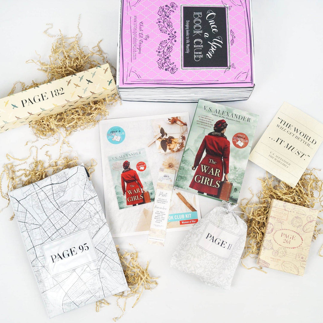 A pink Once Upon a Book Club box is at the top of the image. Below the box are a beige box, white polybag, bookclub kit, bookmark, white drawstring bag, hardcover special edition of The War Girls, quote card, and beige box. The boxes and bags are all labeled with page numbers.